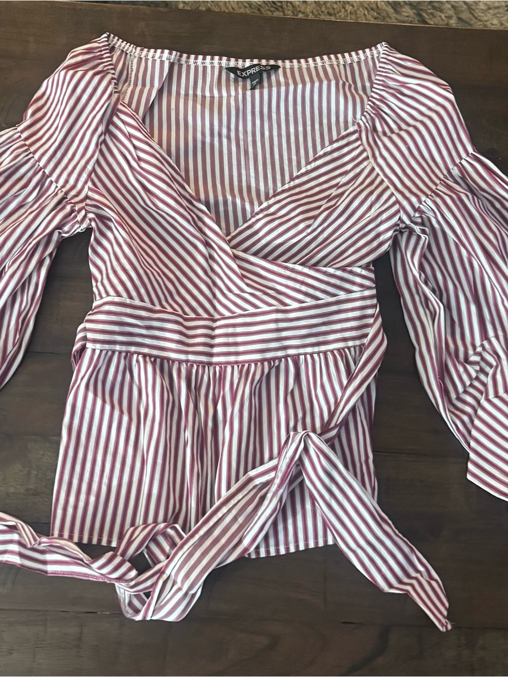 Express Women's Maroon and White Striped Wrap Blouse